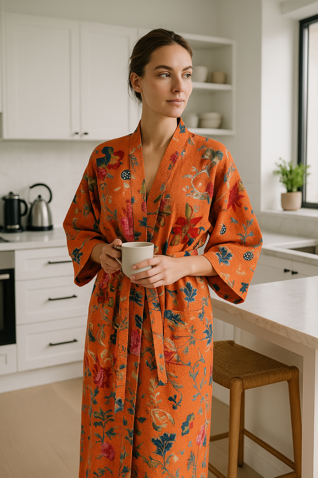 Terracotta floral waffle cotton kimono robe