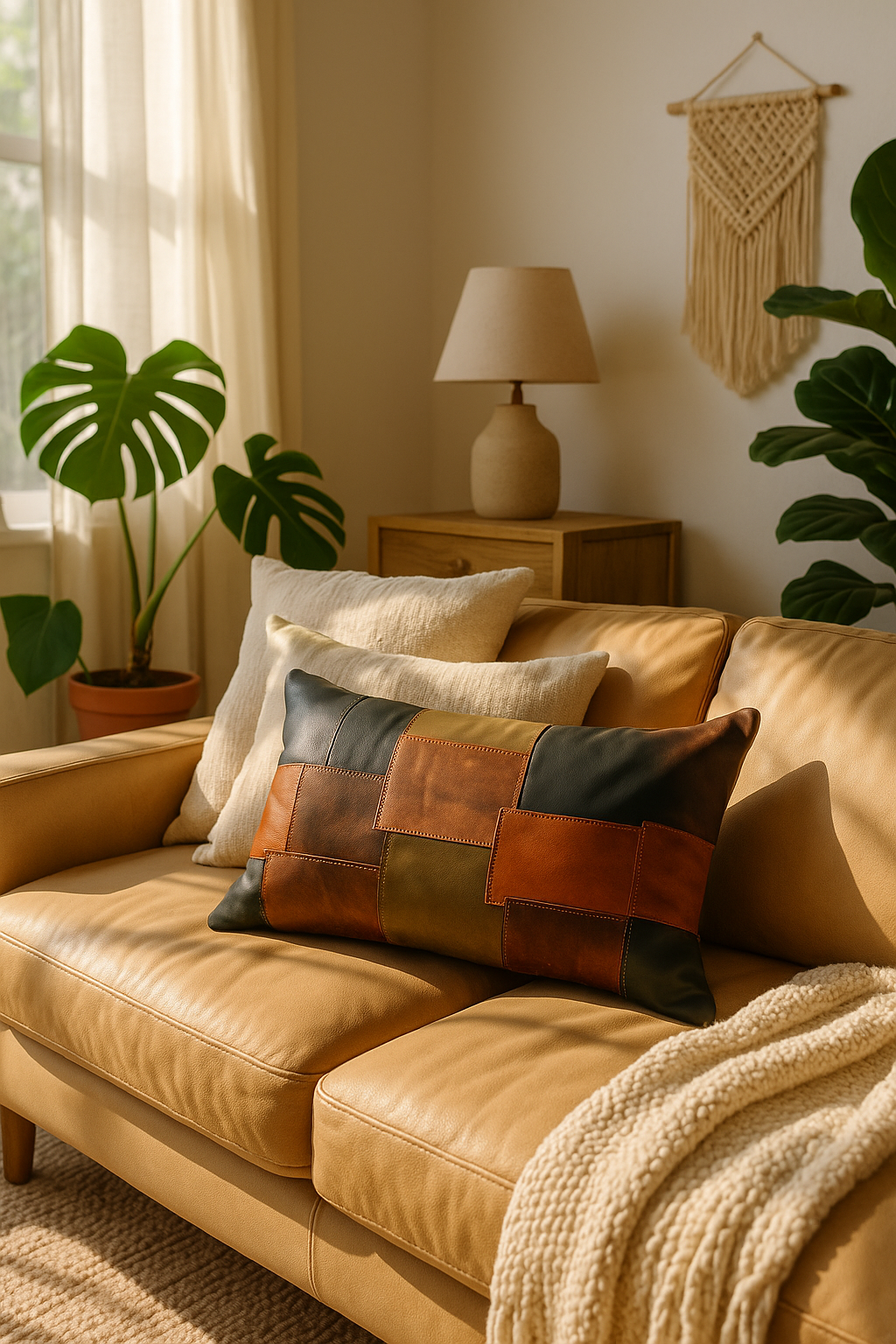 Rustic leather cushion cover with patchwork design