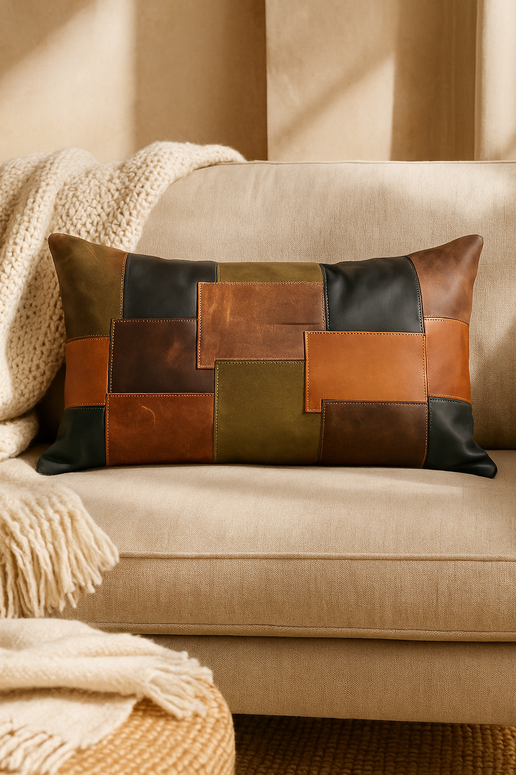 Decorative patchwork leather pillow cover for rustic interiors