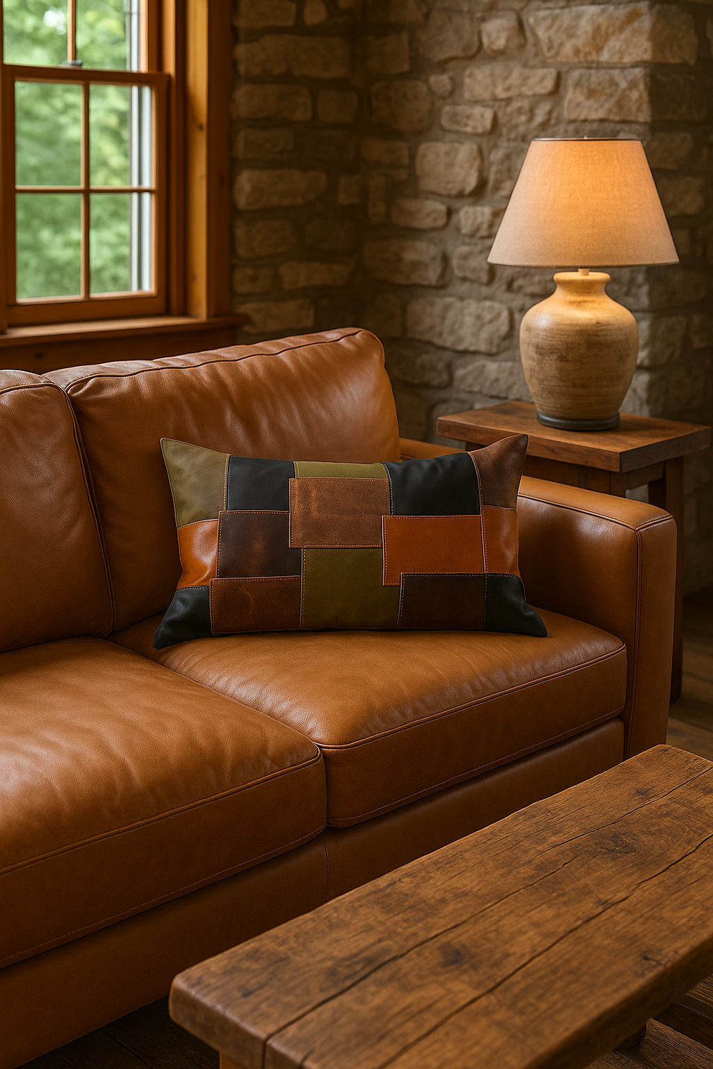 Earth-tone leather lumbar accent pillow for home decor