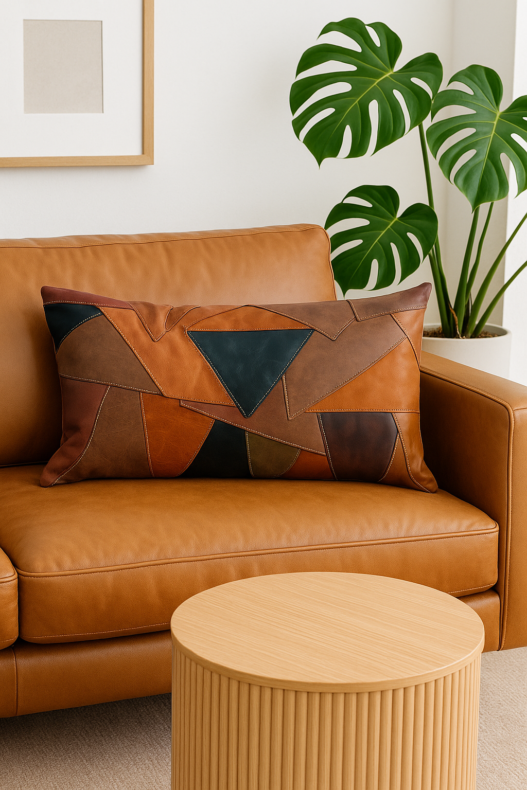 Rustic leather lumbar cushion with geometric patchwork design