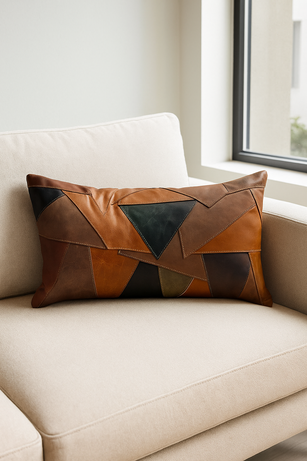 Decorative patchwork leather lumbar pillow for home decor