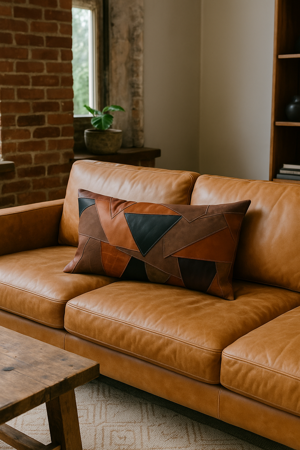 Geometric leather patchwork lumbar pillow for sofa