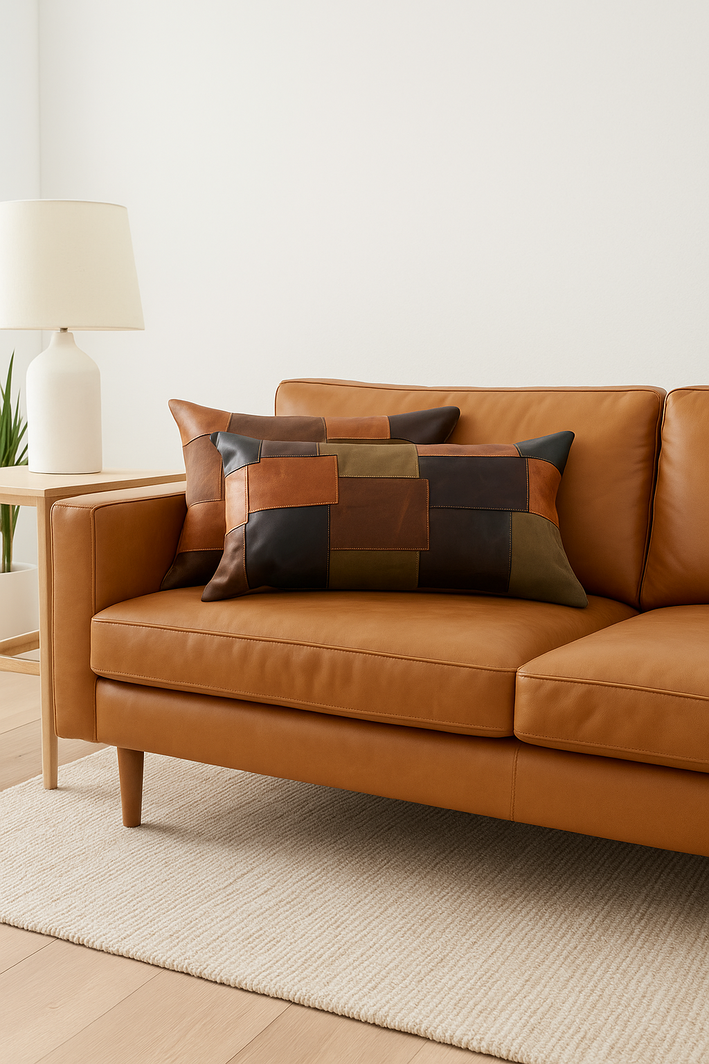 Patchwork leather lumbar pillow in natural earth tones