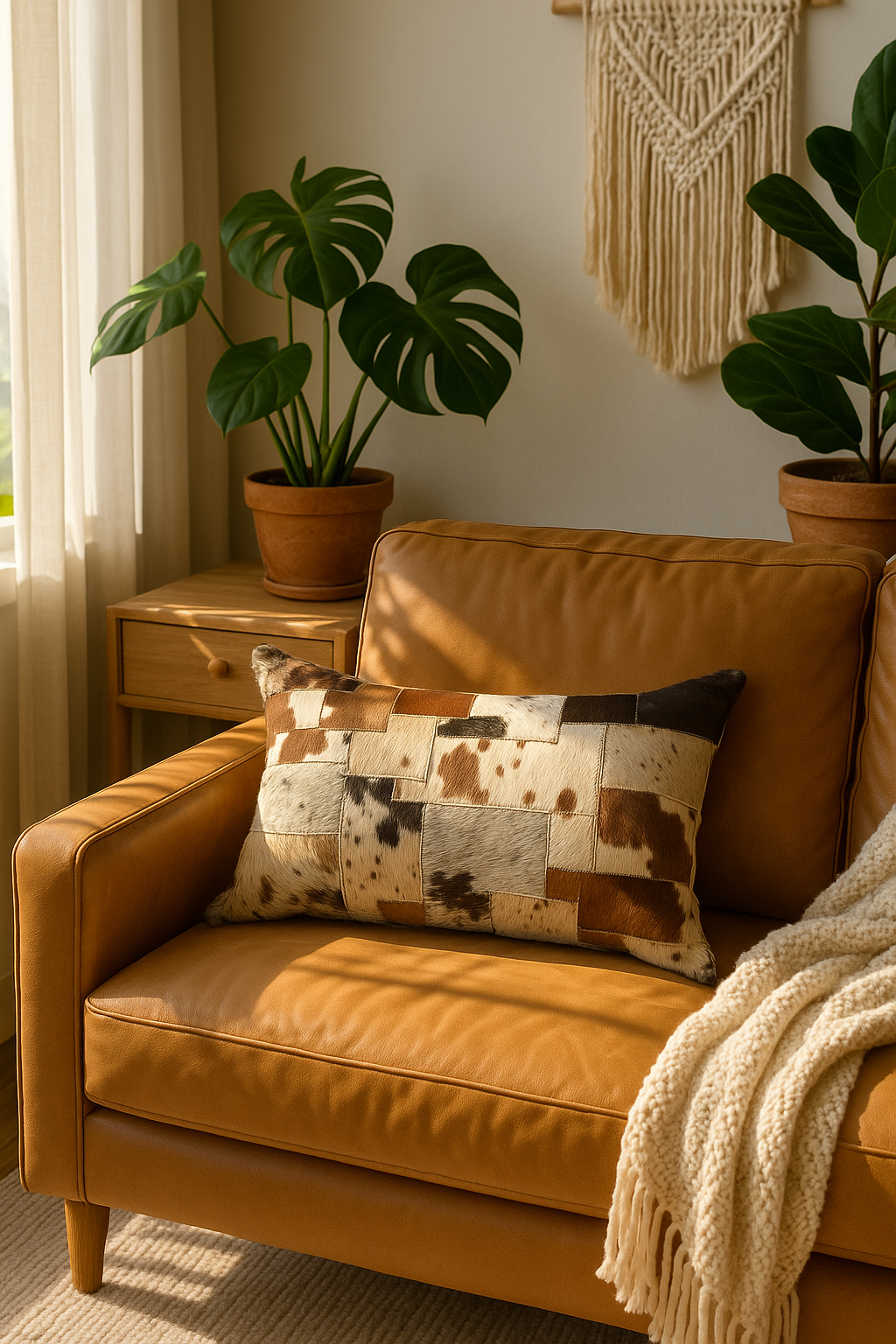 Brown cowhide leather patchwork pillow cover for sofa