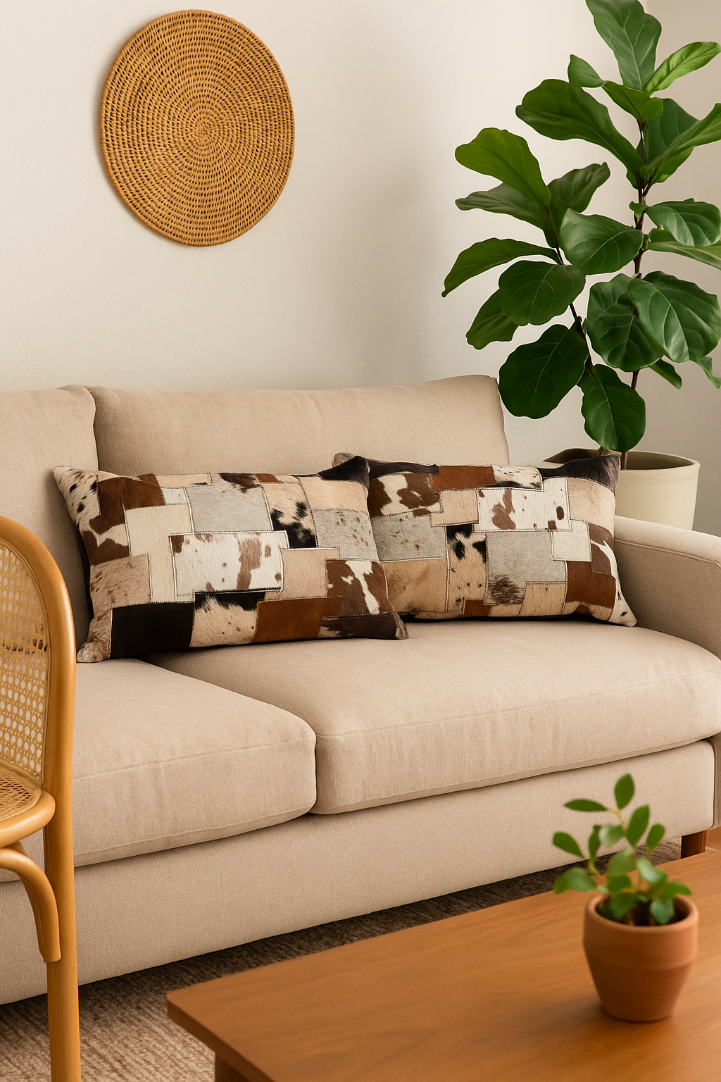 Genuine cowhide patchwork lumbar cushion cover for rustic decor