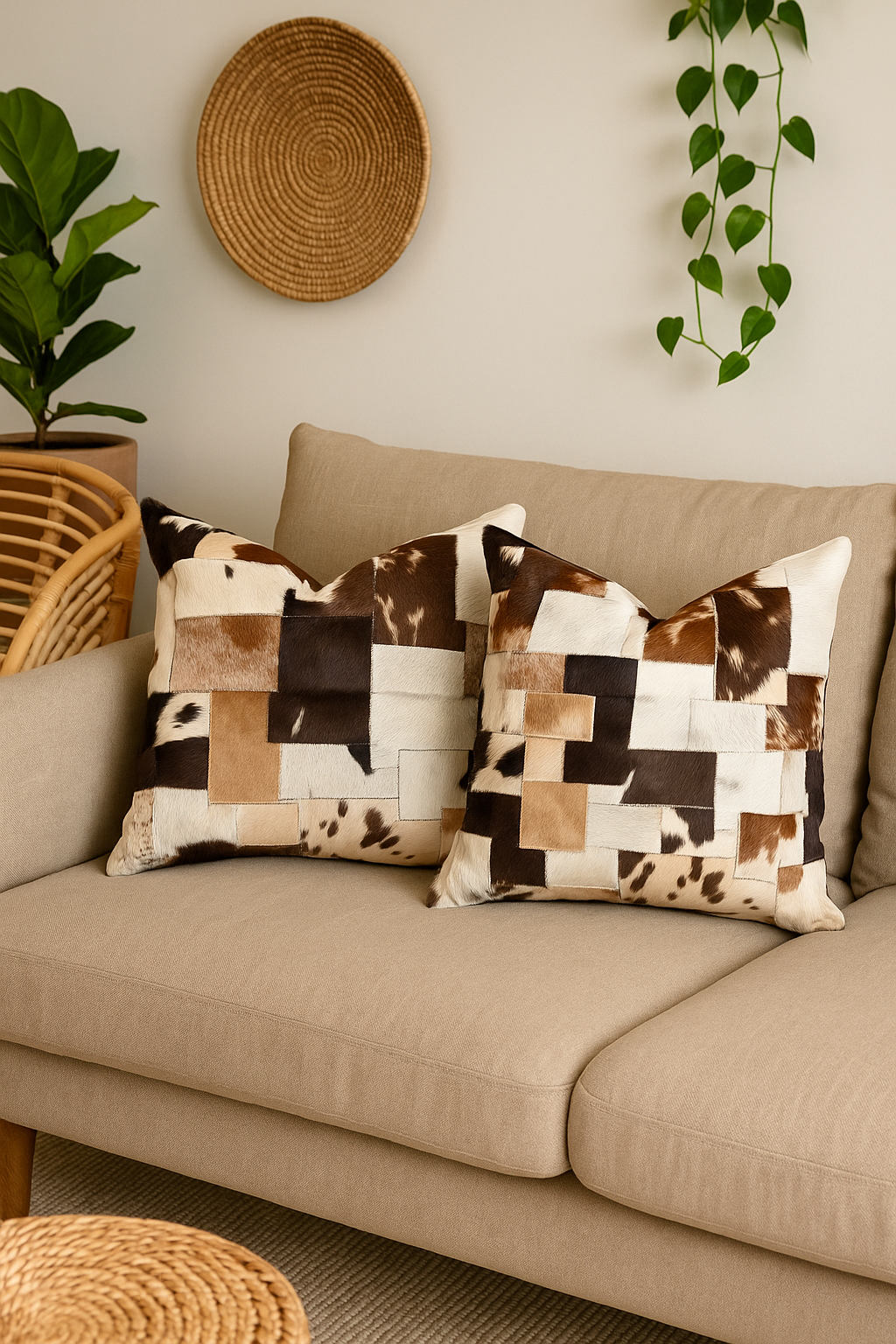 Natural cowhide patchwork cushion cover handmade leather pillow