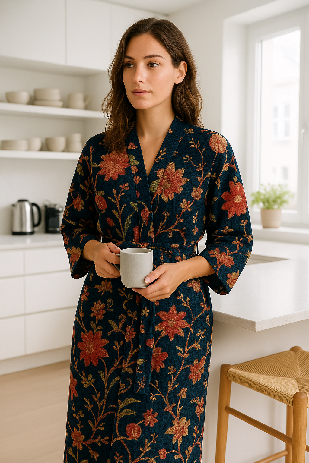 Midnight Bloom navy floral waffle cotton kimono robe