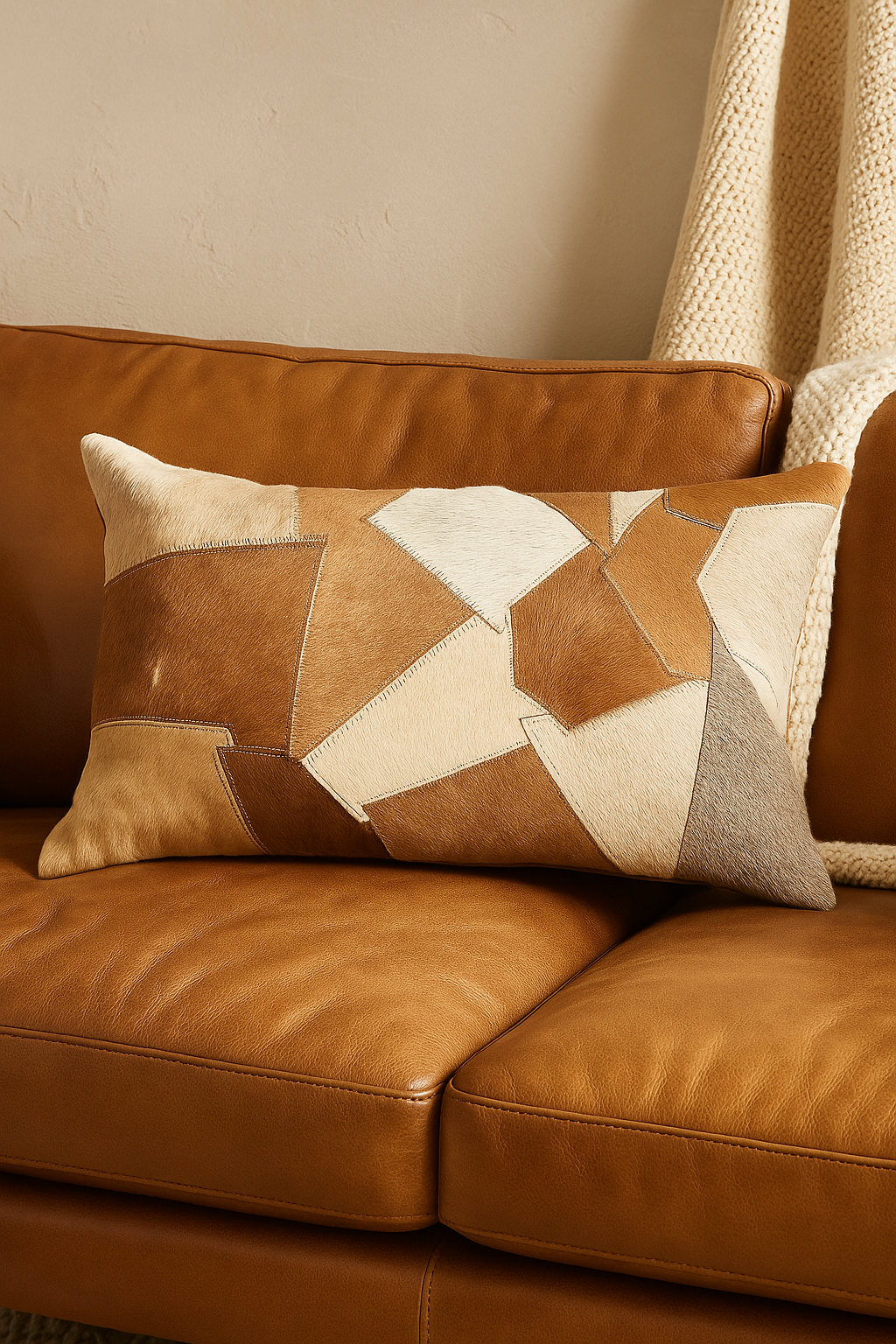 Natural tan cowhide leather lumbar cushion cover with rustic texture