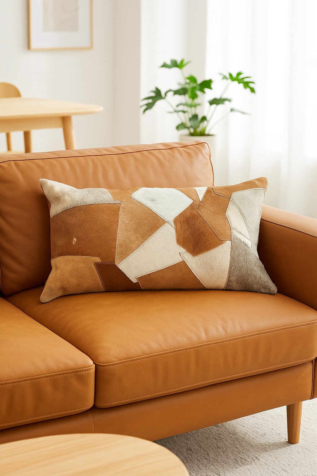 Decorative tan leather lumbar cushion cover for farmhouse home decor