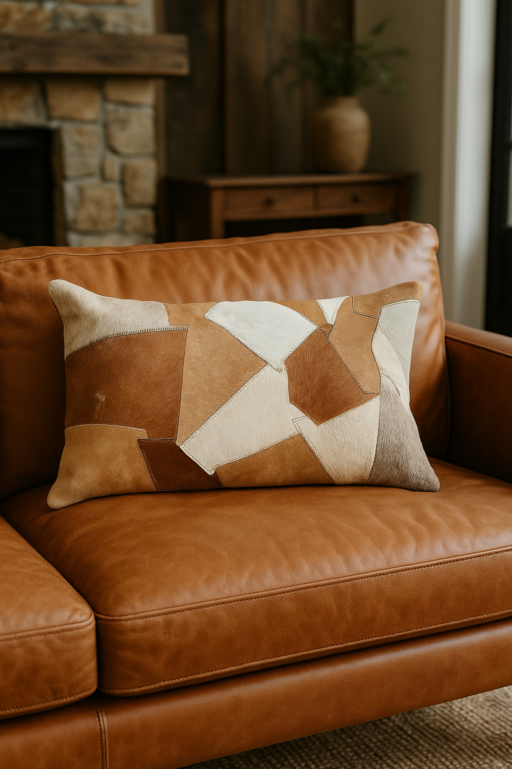 Handmade tan cowhide lumbar pillow cover for sofa and bed