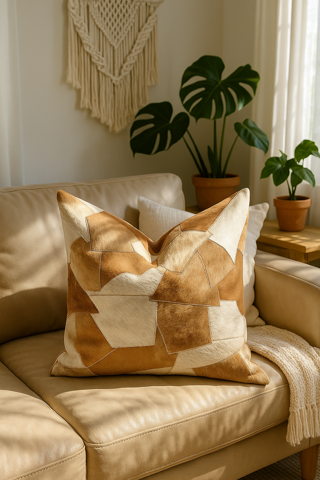 Rustic cowhide leather pillow cover with patchwork design
