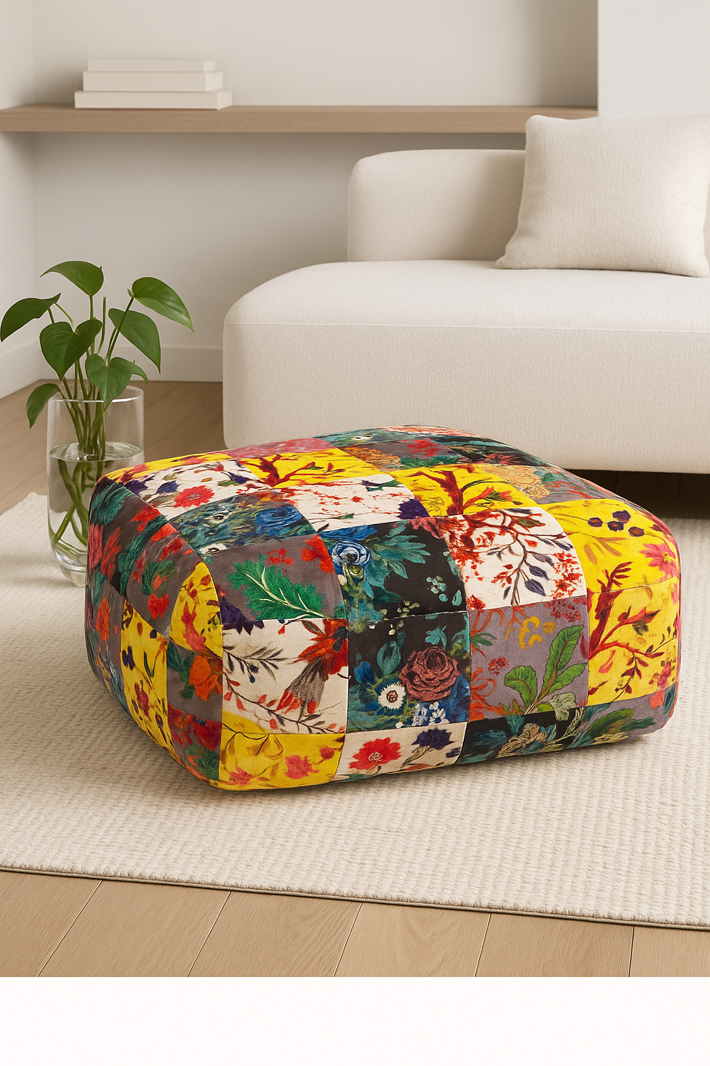 Decorative square velvet floral patchwork pouf for home decor