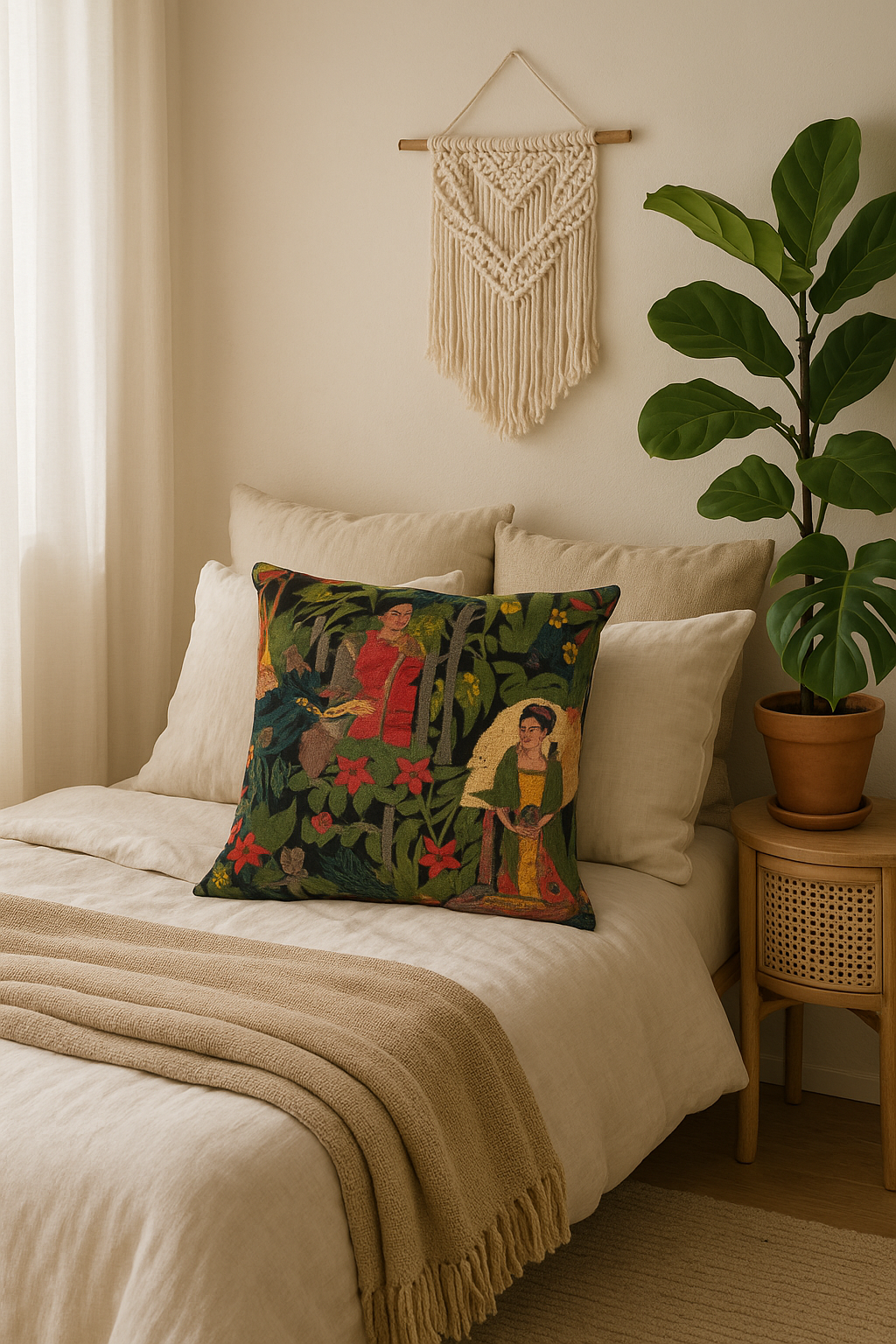 Decorative Frida art velvet pillow cover in black for sofa and bed