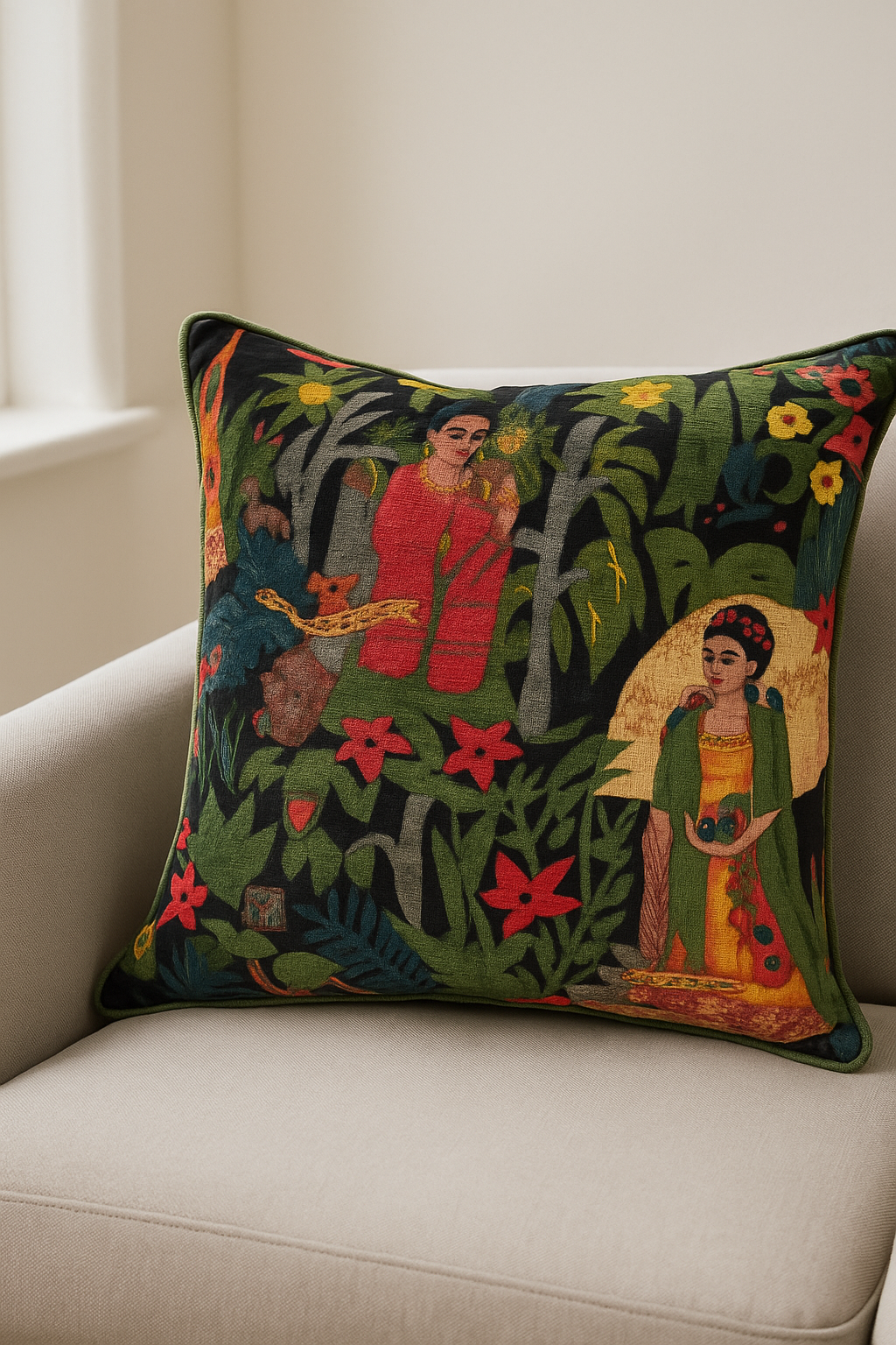 Black velvet cushion cover with Frida Kahlo inspired floral artwork