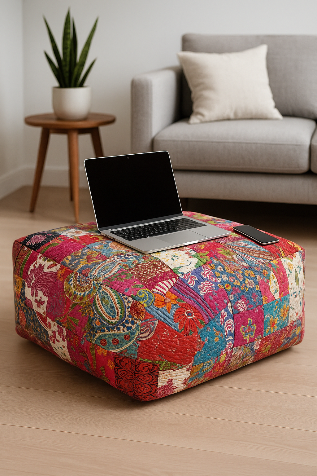 Multicolour patchwork Kantha cushion cover for ottoman and pouf