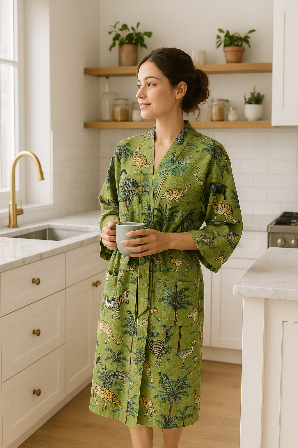 Green safari kimono dressing gown in textured cotton waffle