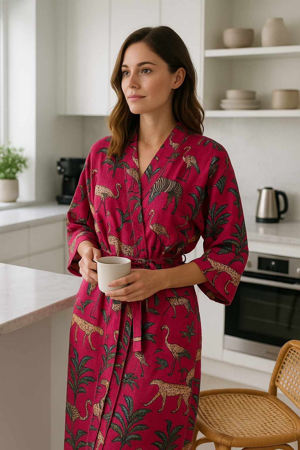 Women’s pink safari robe in breathable textured cotton waffle