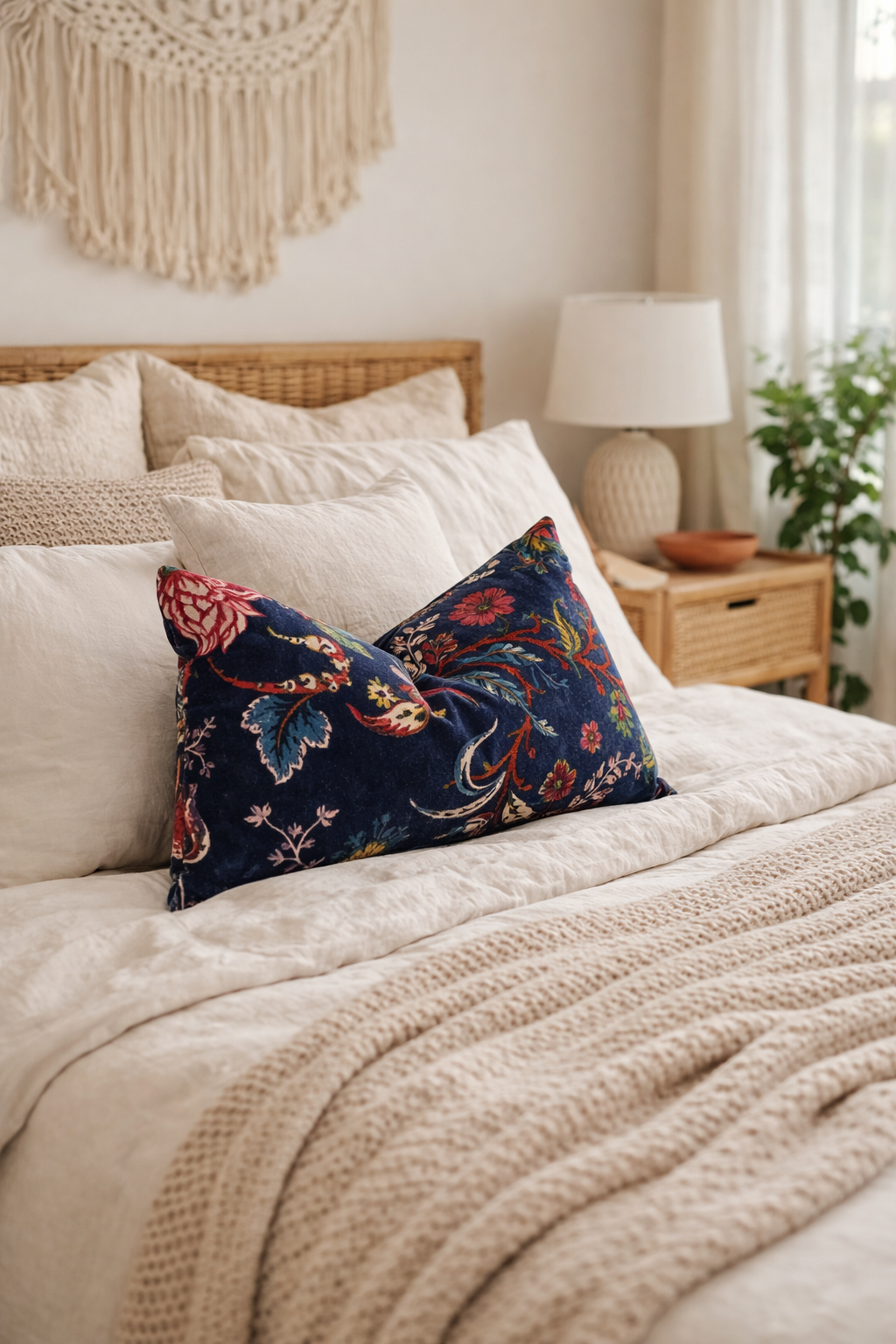 Navy botanical velvet pillow cover with elegant floral design