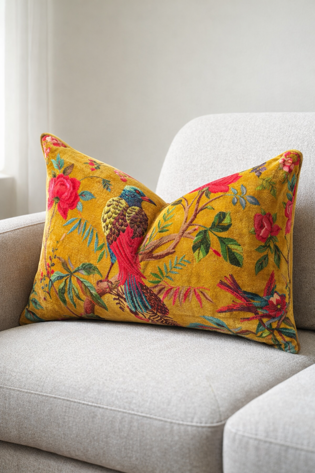Mustard bird cotton velvet lumbar cushion cover 30x50cm