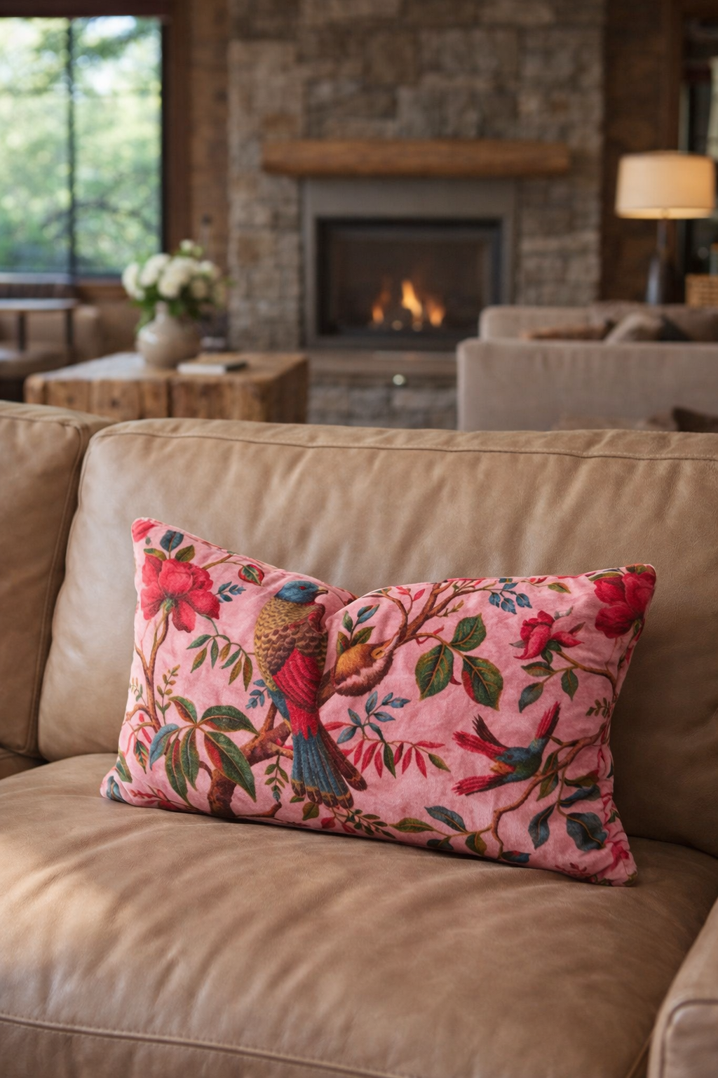 Bird and floral print lumbar cushion cover for elegant home decor