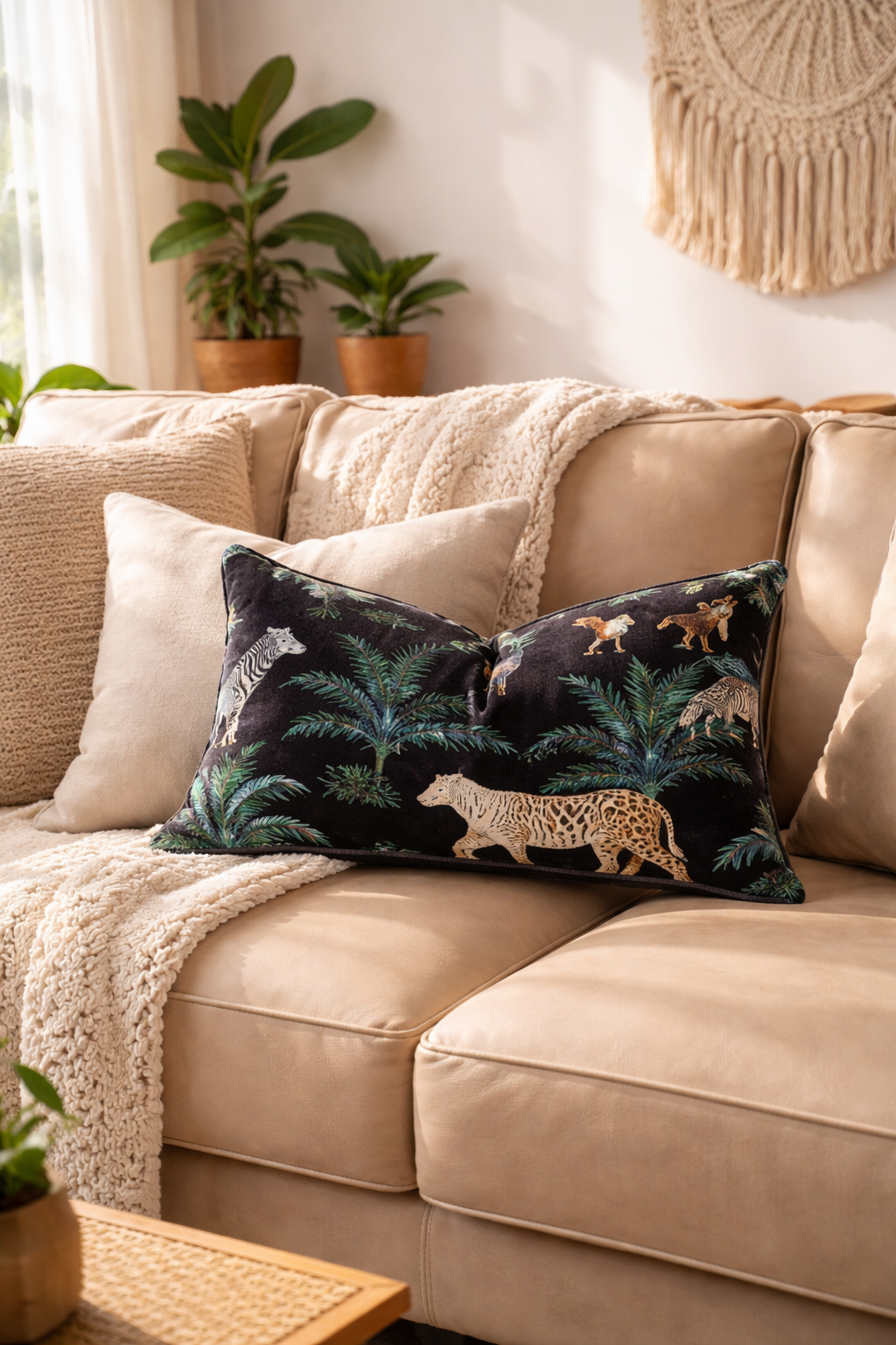 Black cotton velvet cushion cover with safari botanical design