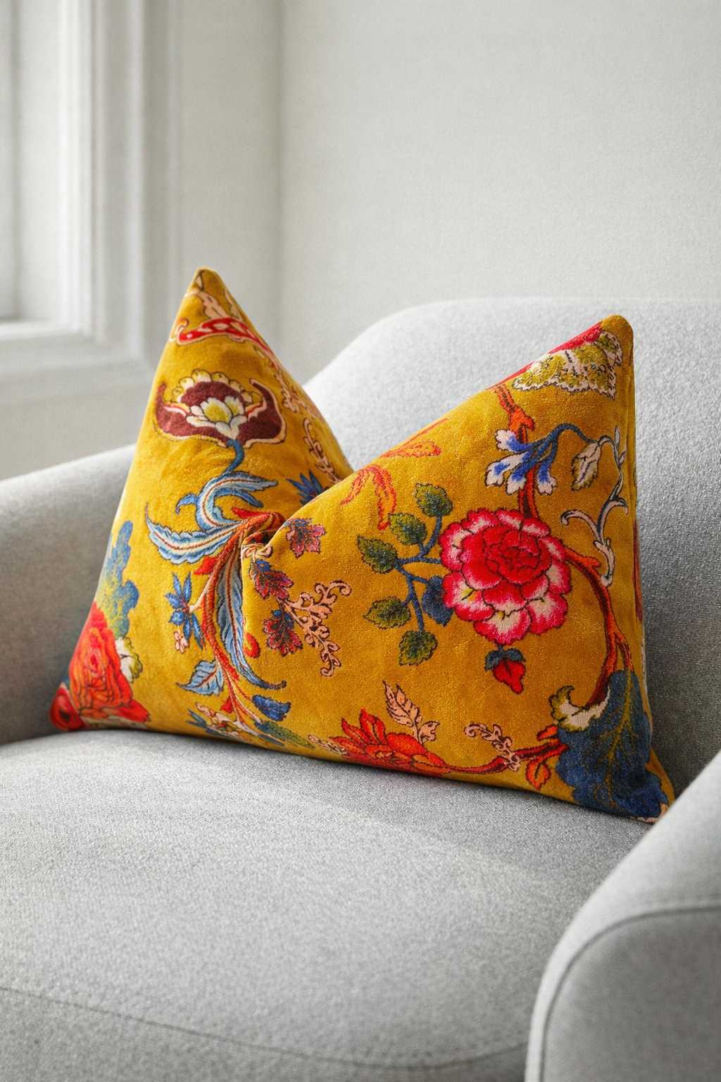 Tree of Life mustard velvet lumbar pillow cover with botanical floral pattern