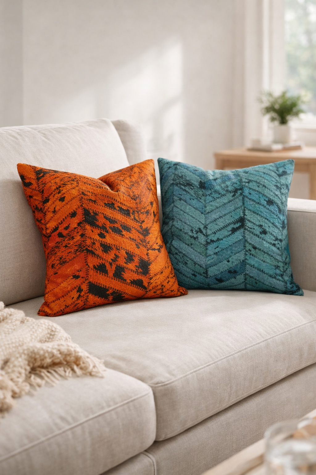 Teal and rust chevron cowhide cushion covers set of 2