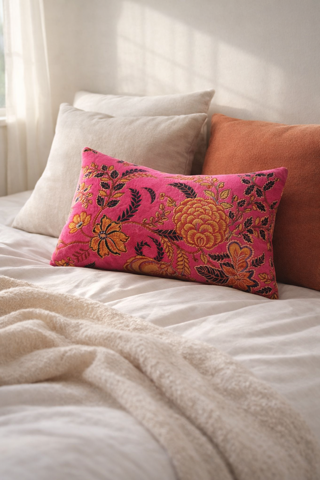 Premium pink velvet lumbar cushion with vintage floral design