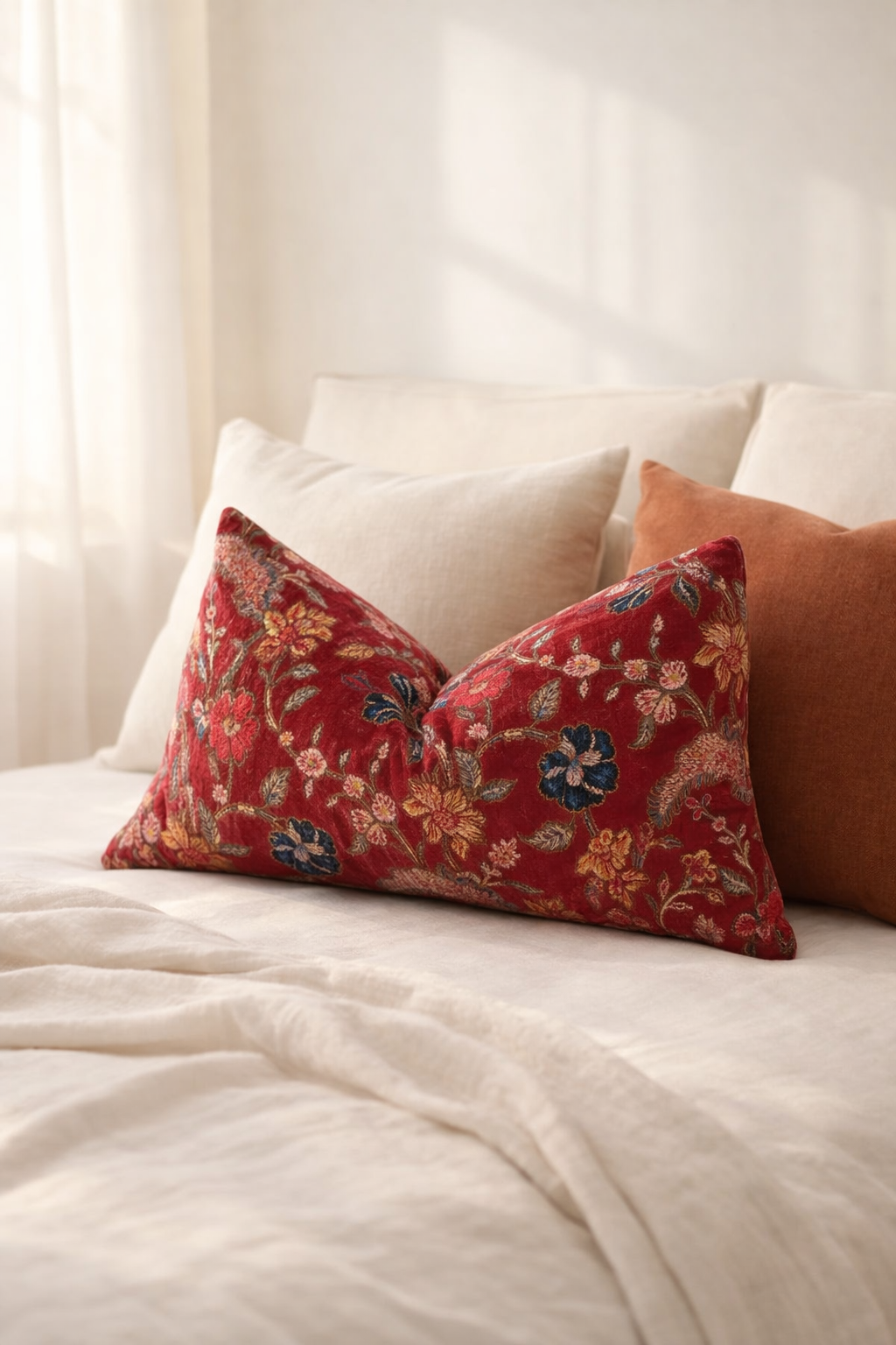 Crimson floral velvet lumbar cushion cover