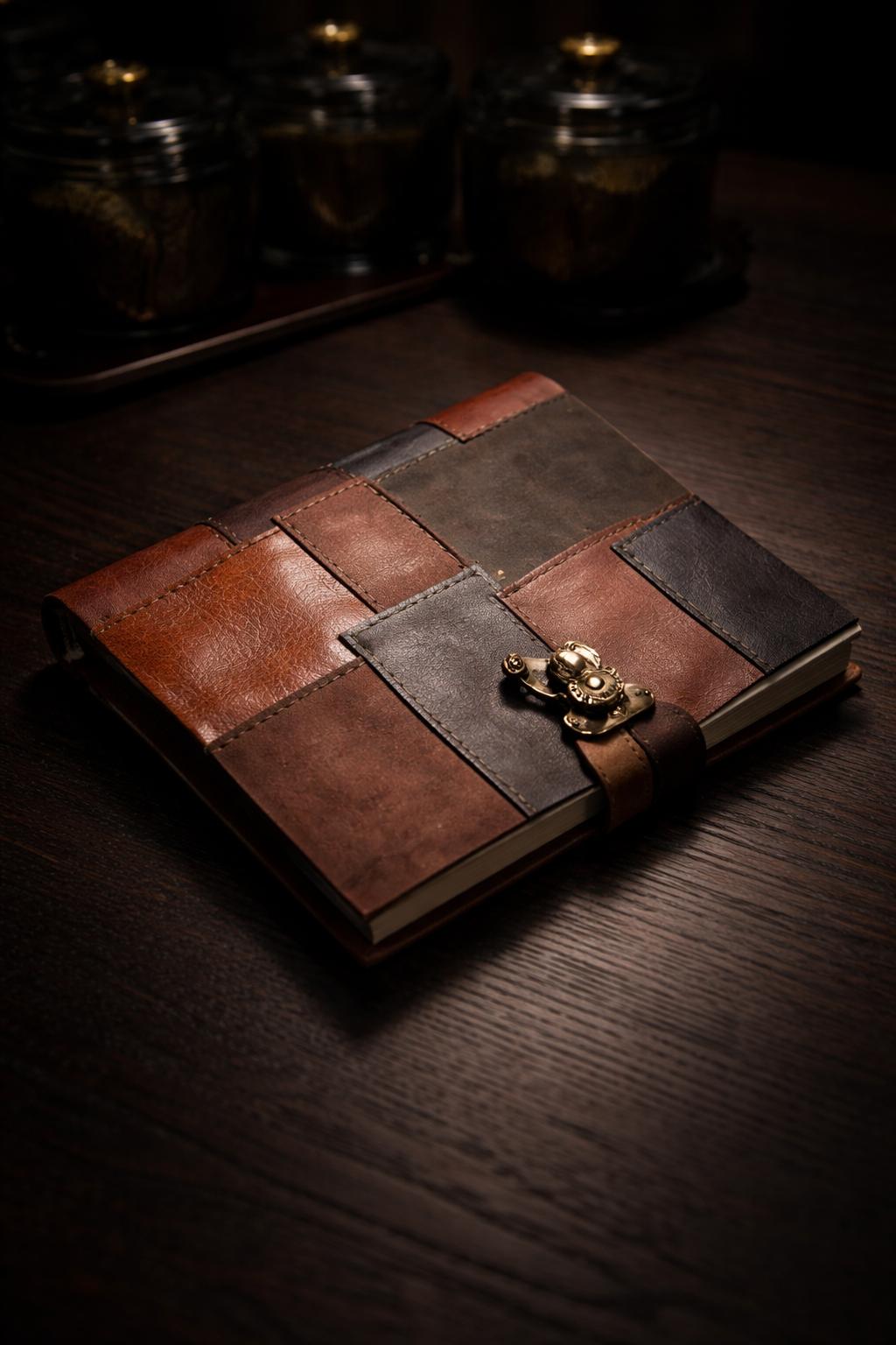 Handcrafted leather patchwork travel journal with vintage clasp closure