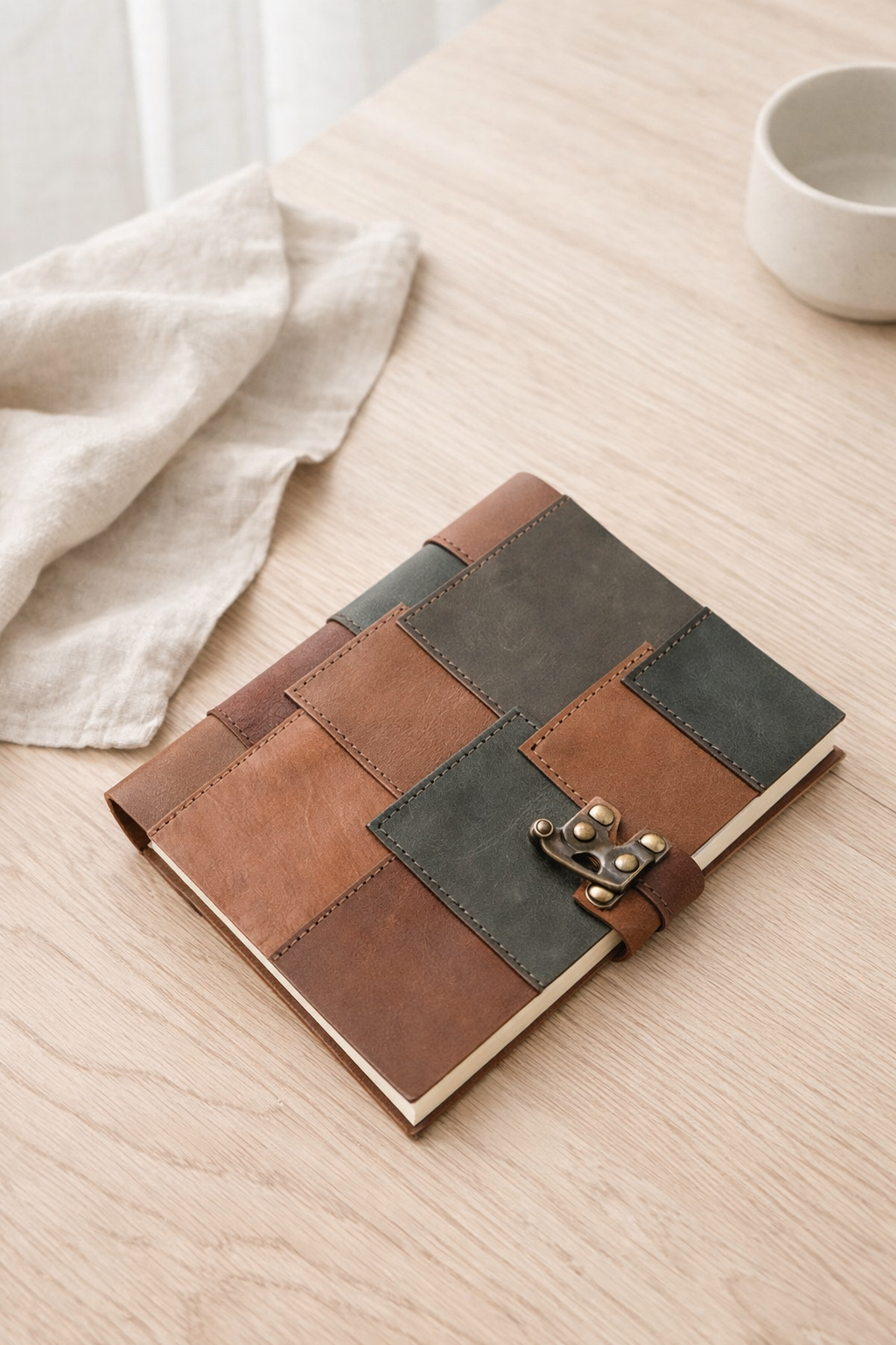 Vintage clasp leather patchwork notebook for travel memories and journal