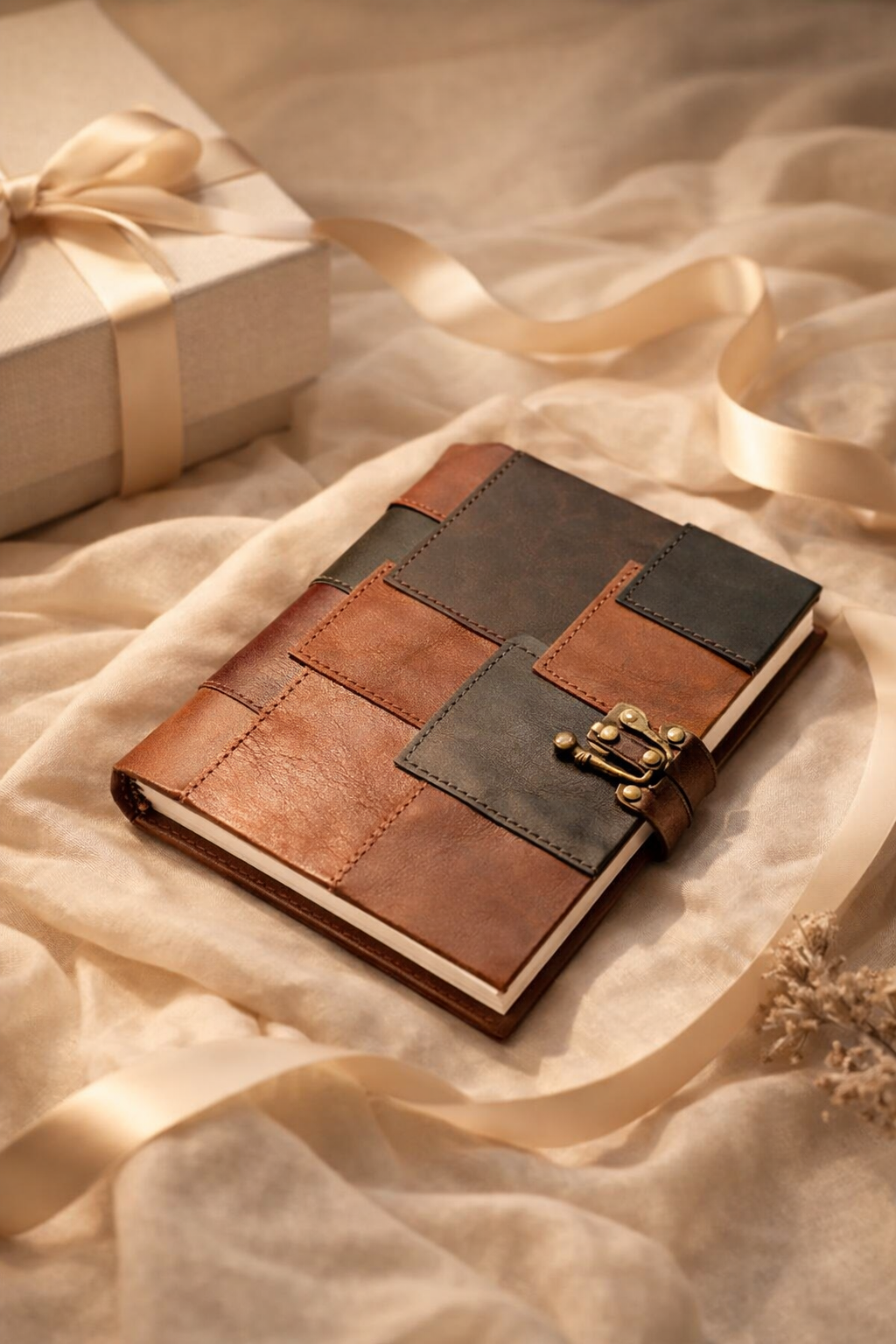 Rustic leather notebook with patchwork design and antique-style clasp