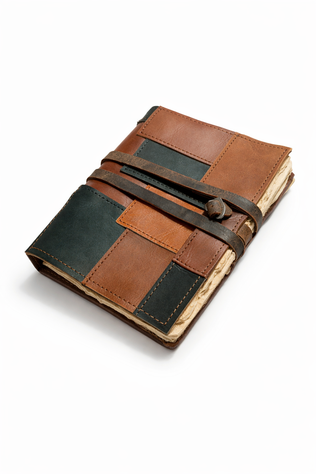 Handcrafted leather patchwork diary with deckle edge paper for writing and sketching