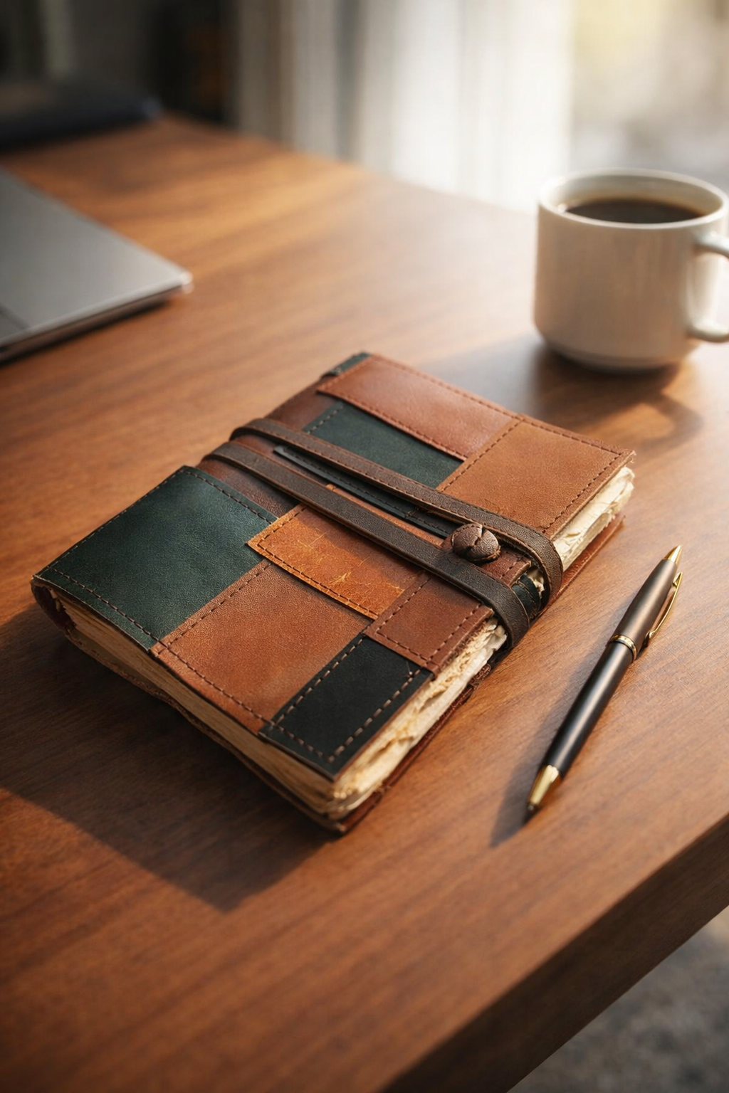 Handmade leather patchwork journal with rustic wrap closure and deckle edge pages