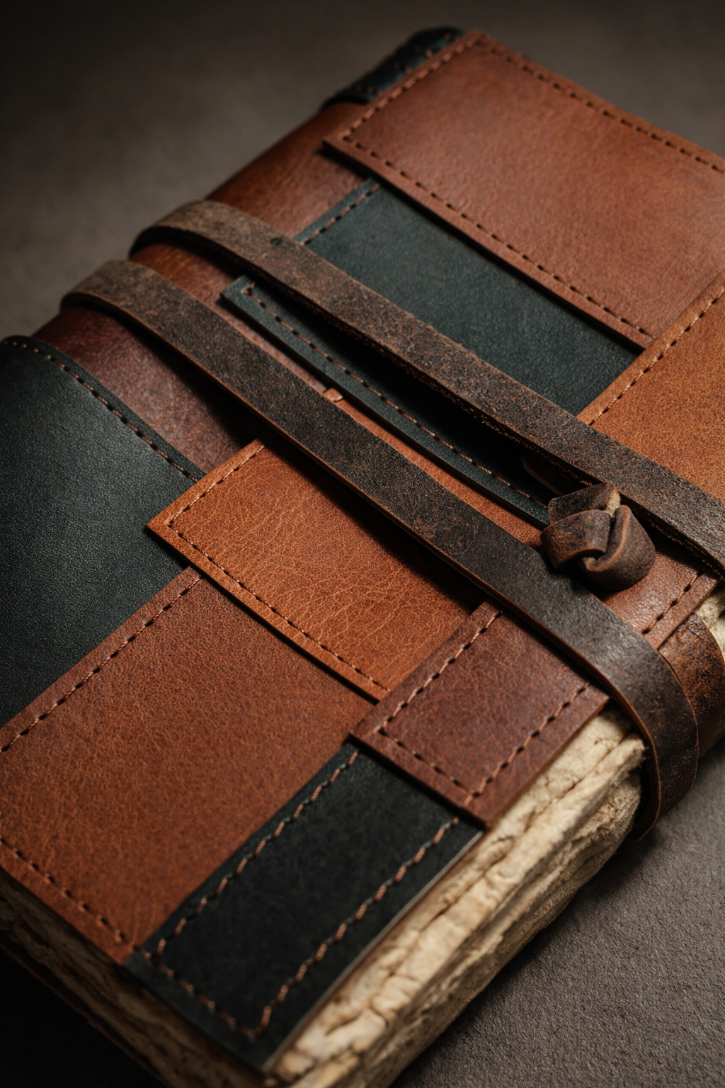 Vintage patchwork leather notebook with handmade deckle edge paper