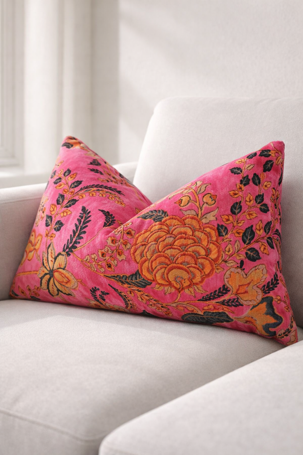 Pink vintage floral velvet lumbar cushion cover