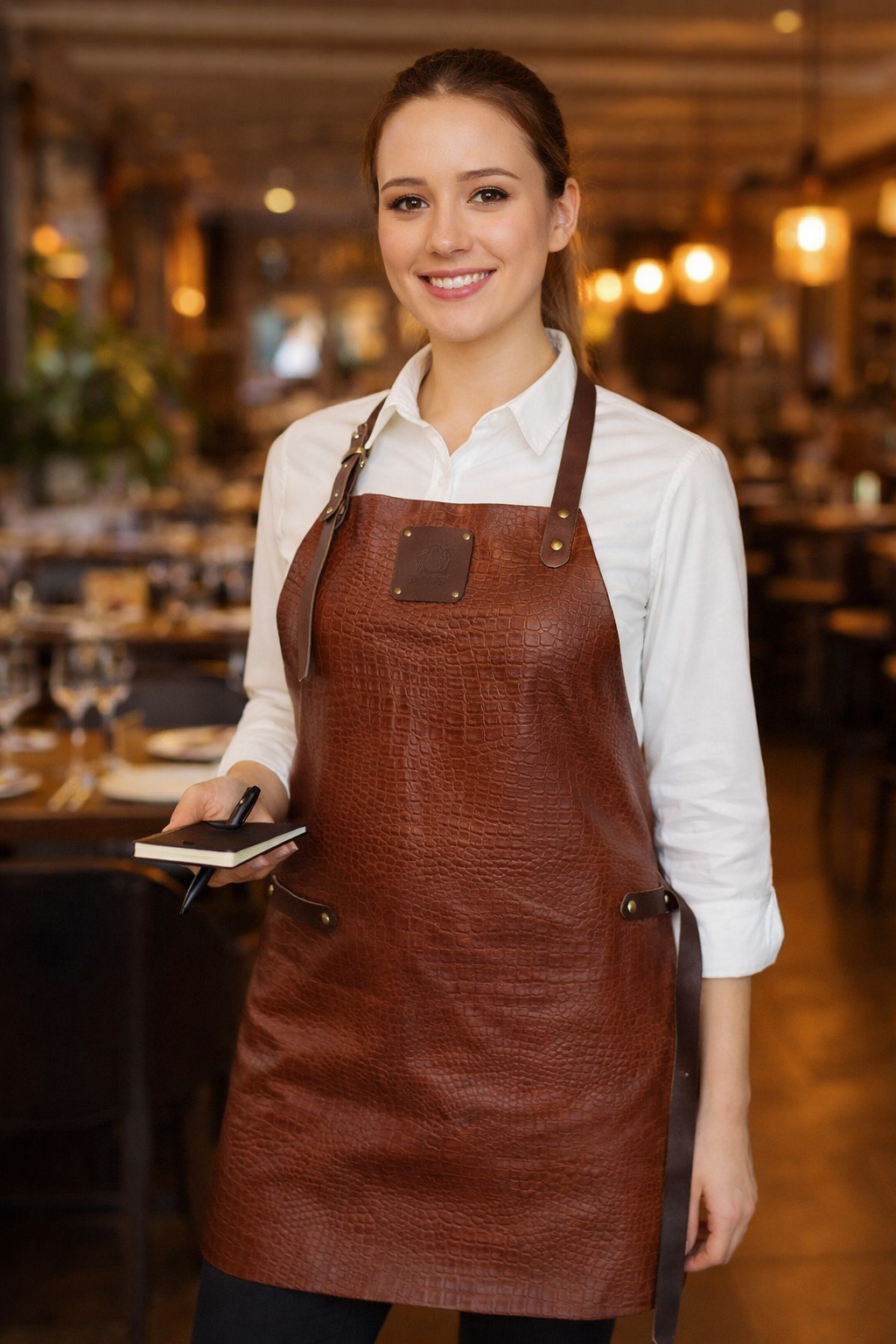 Textured leather work apron with adjustable neck strap