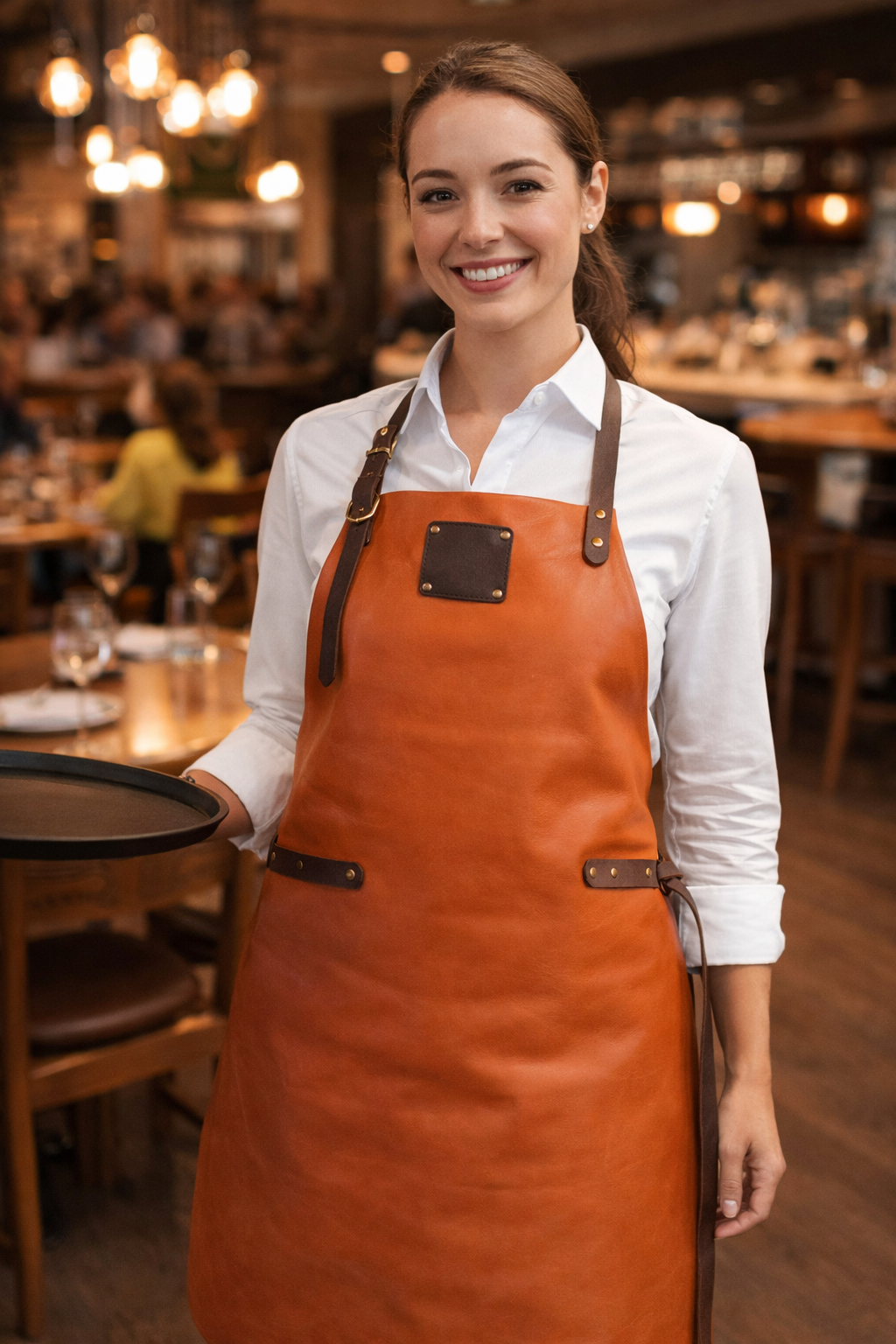 Premium cognac tan leather apron front view
