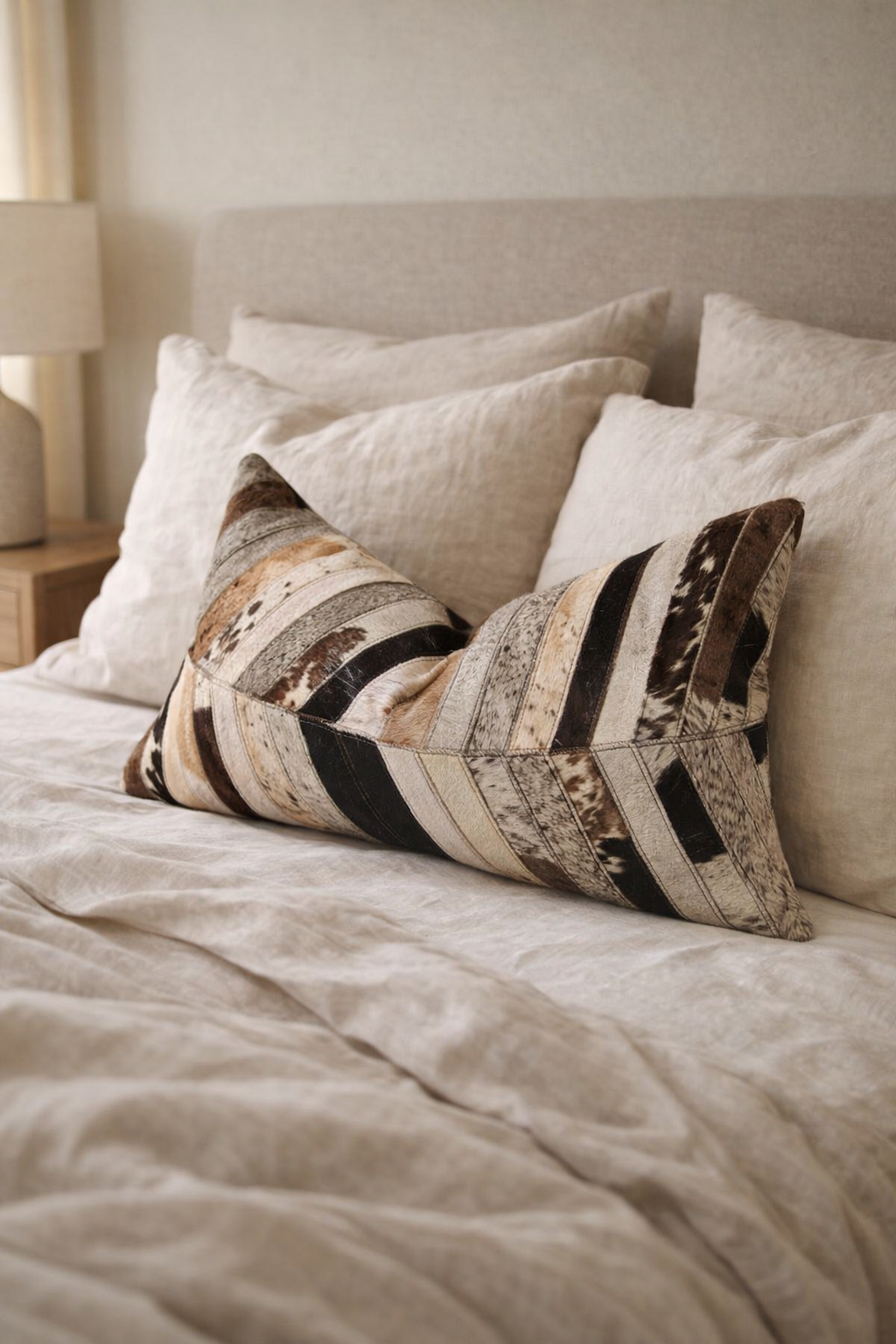Handmade cowhide leather decorative lumbar pillow for living room