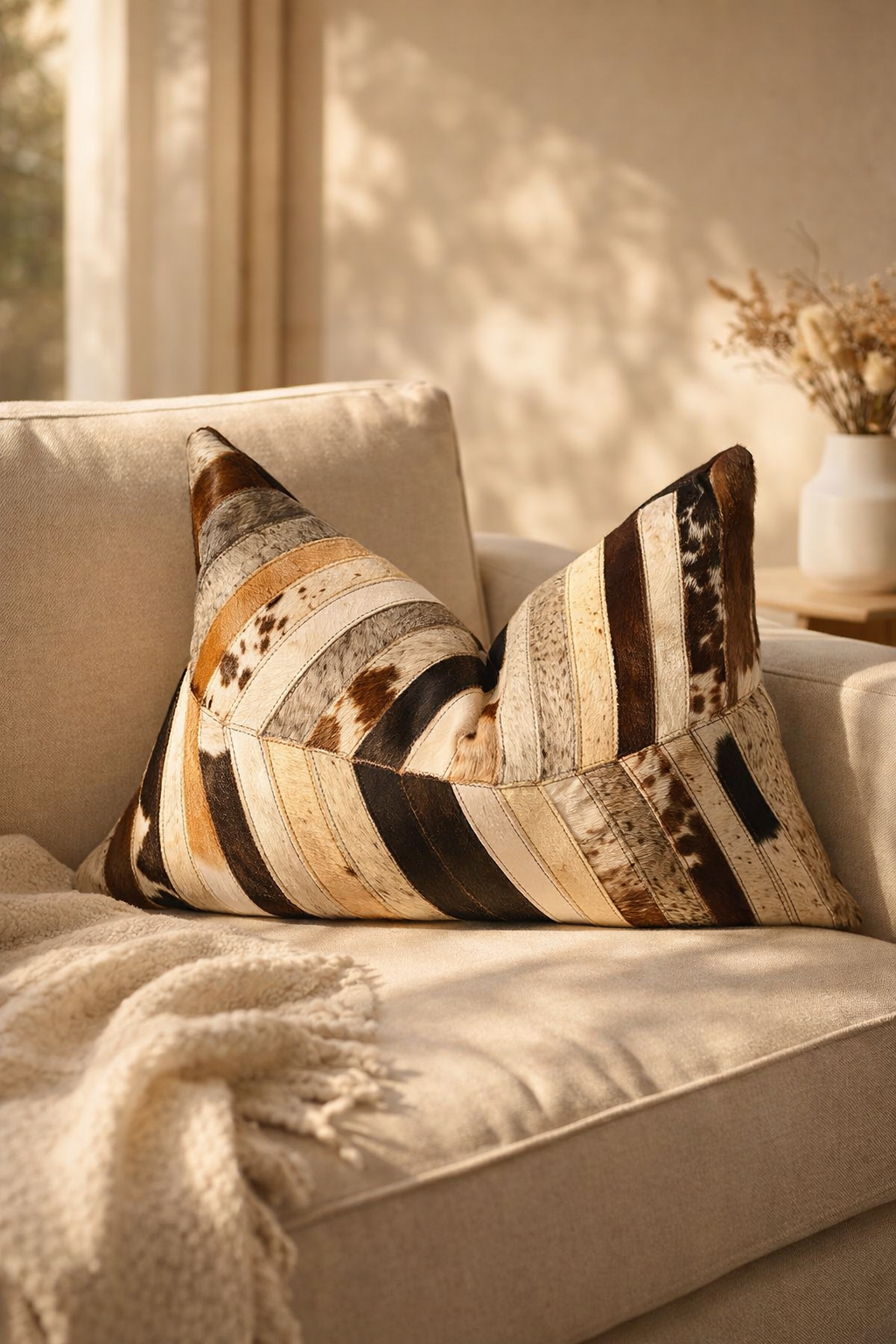 Handmade cowhide leather patchwork lumbar cushion cover