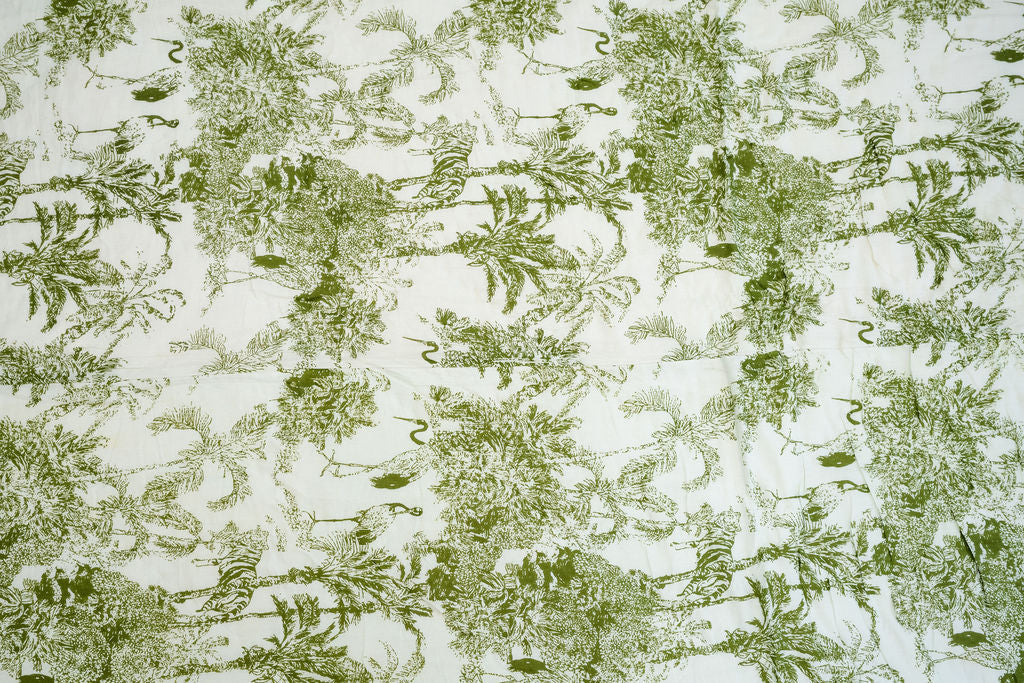 Elegant green toile botanical cotton bed quilt with reversible design