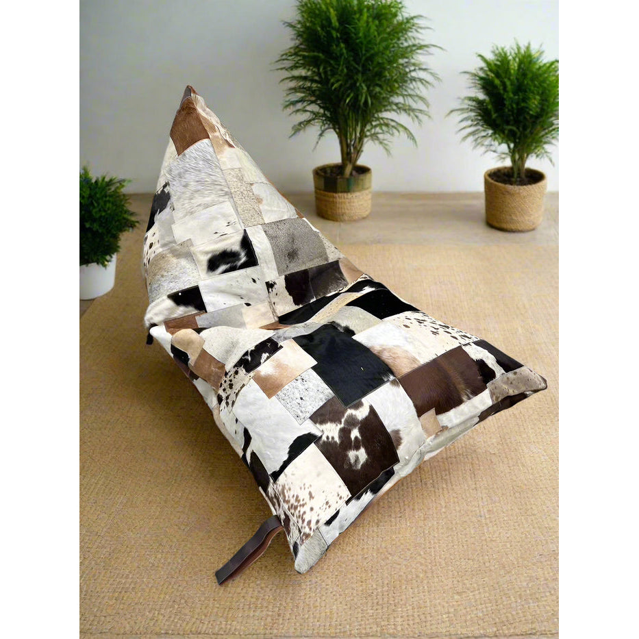 Artisan Cowhide Beanbag Cover – Triangular Patchwork Lounger in Natural Tones