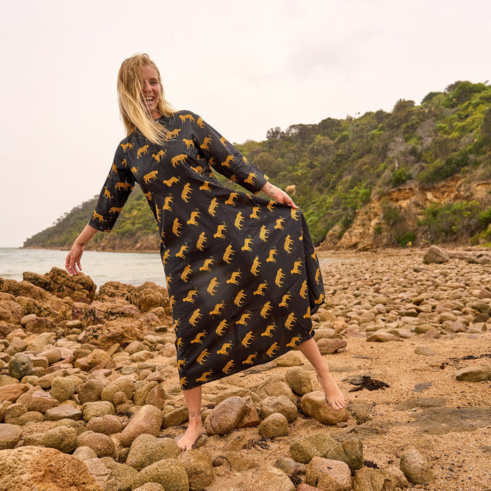 Set of 2 Cotton Maxi Dress ? Hand Screen-Printed Style in Black & Gold