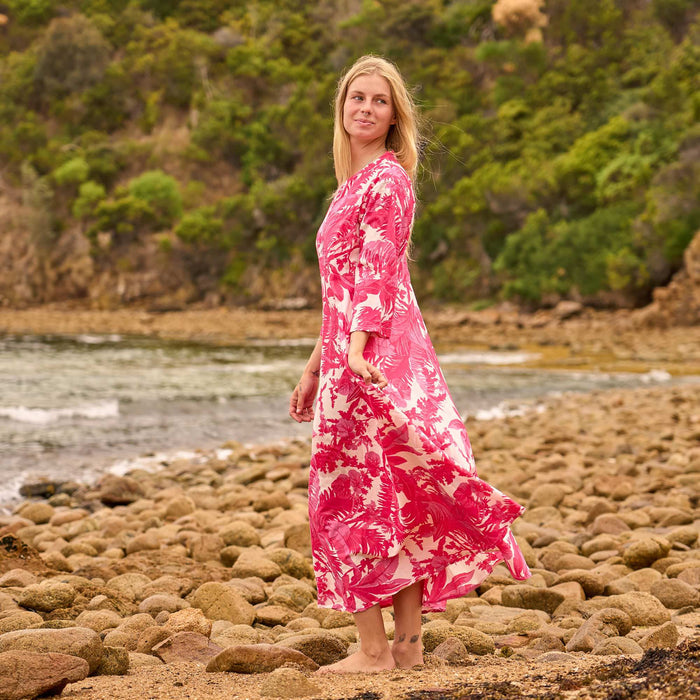 Set of 2 Cotton Maxi Dress ? Hand Screen-Printed in Bold Coral Pink