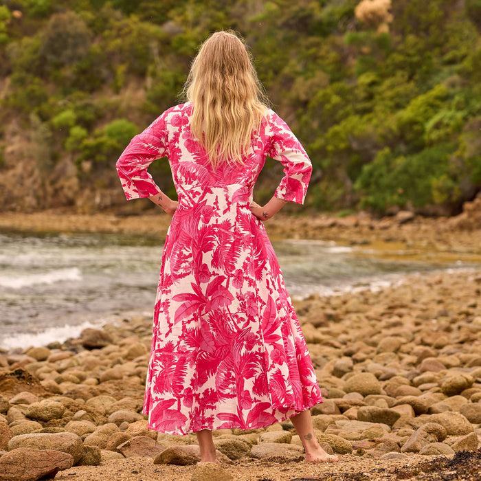 Set of 2 Cotton Maxi Dress ? Hand Screen-Printed in Bold Coral Pink
