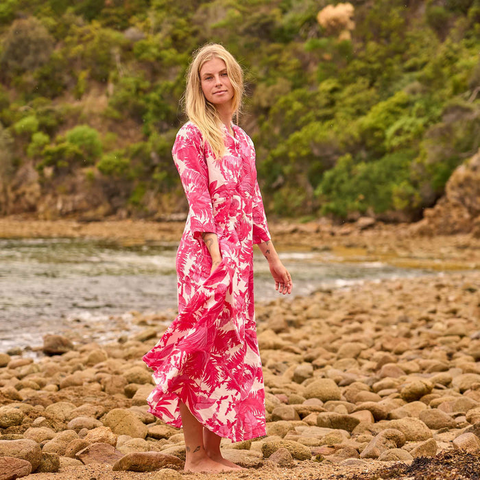 Set of 2 Cotton Maxi Dress ? Hand Screen-Printed in Bold Coral Pink