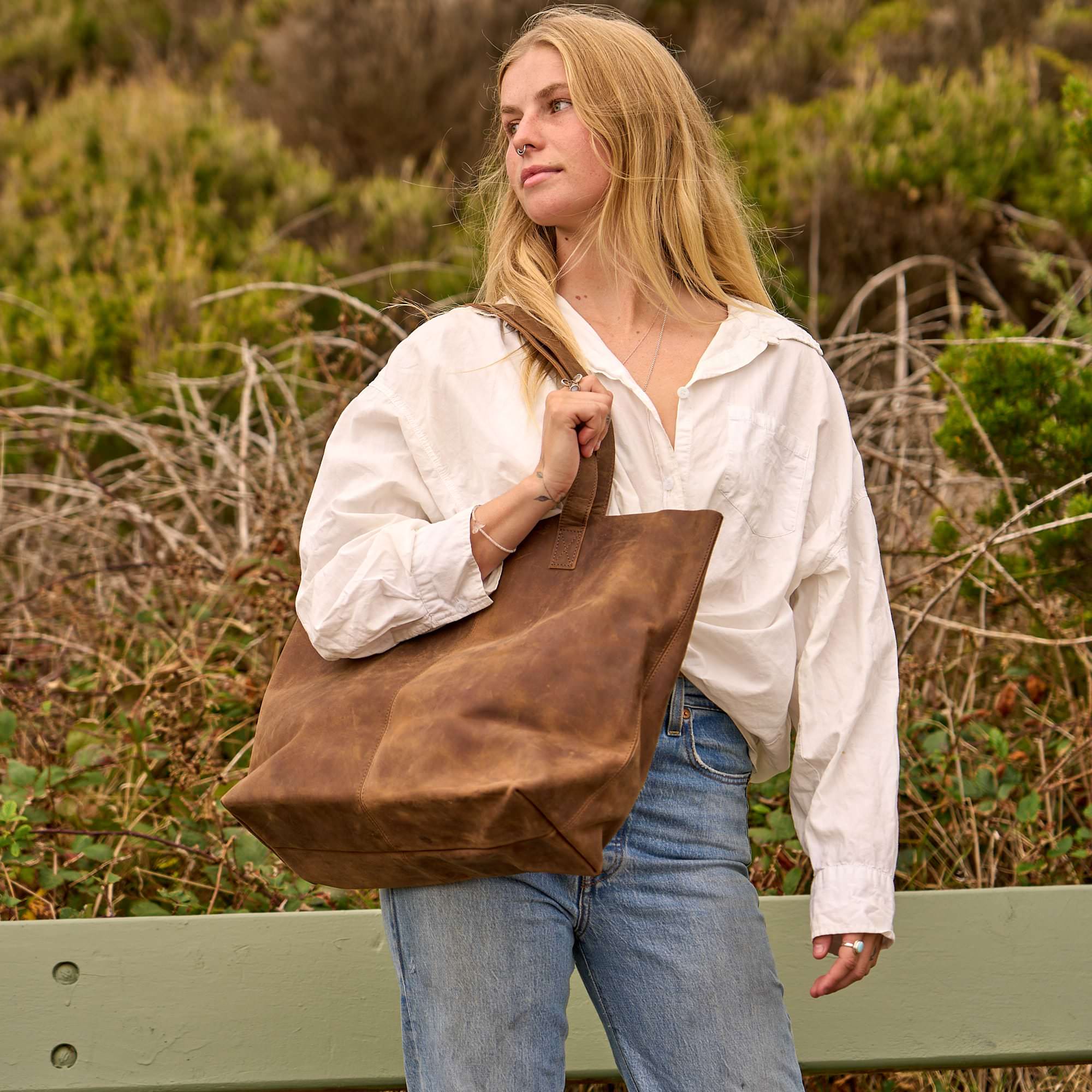 Vintage brown leather tote bag for everyday use