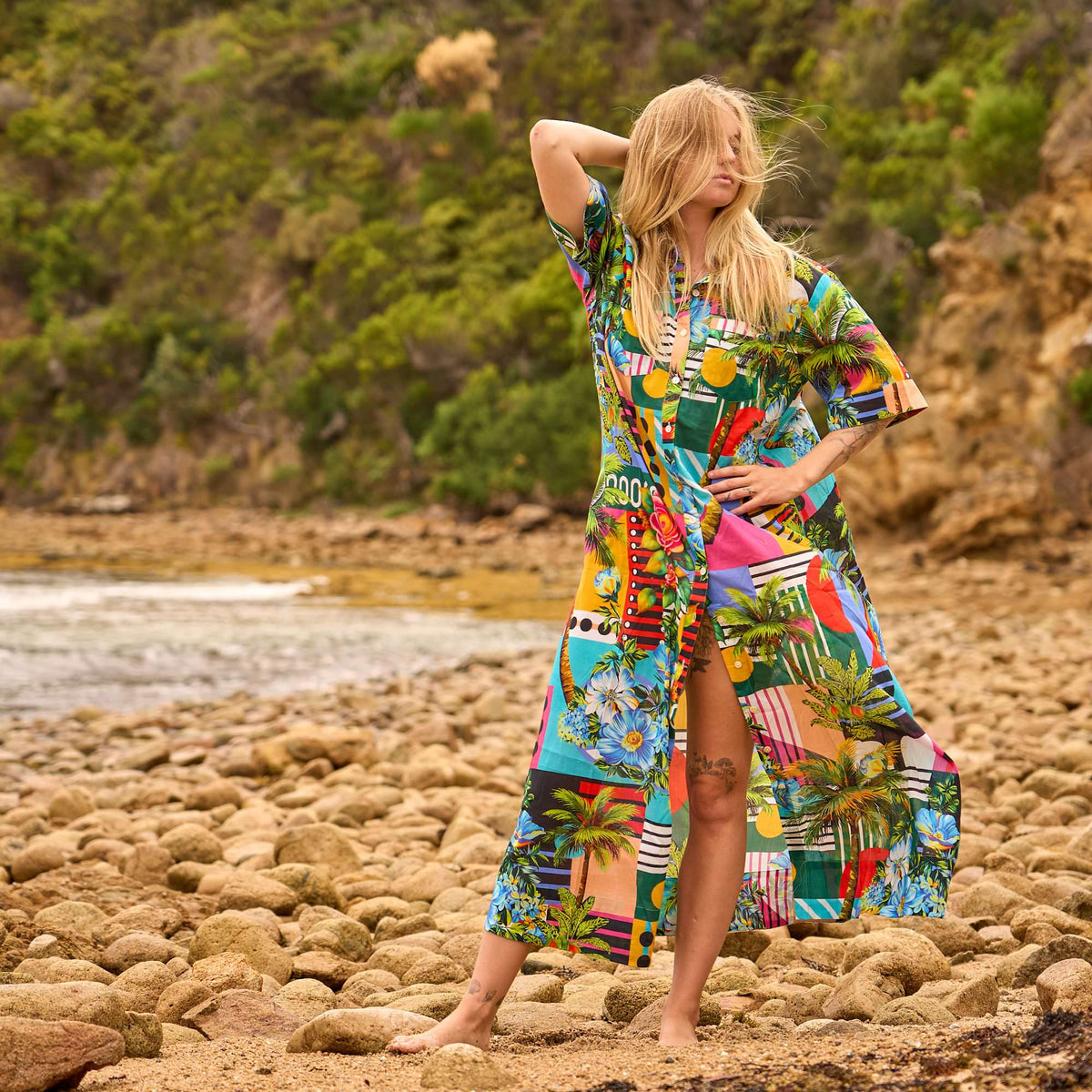 Tropical paradise cotton maxi shirt dress for women