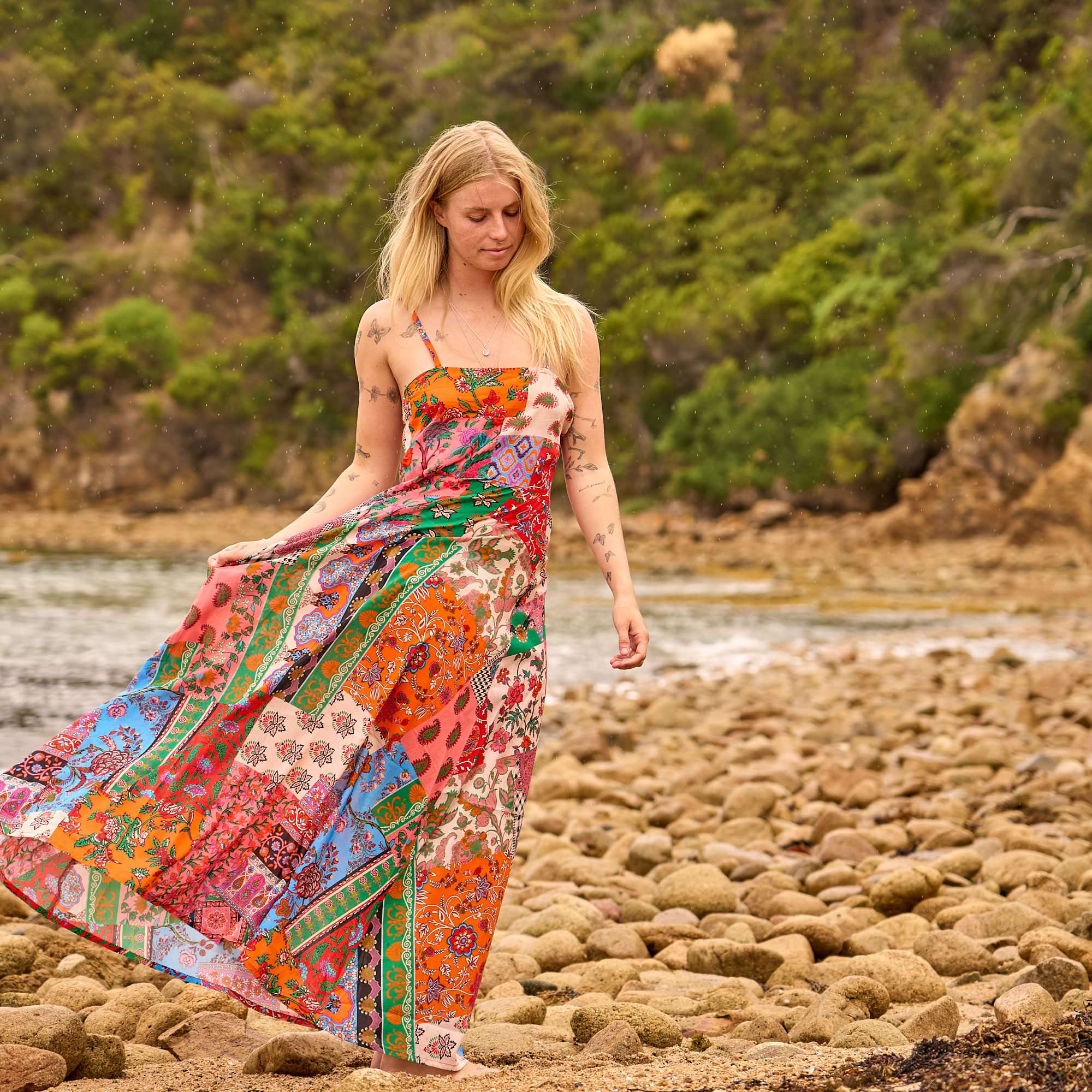 Boho patchwork cotton maxi dress with vintage-inspired print